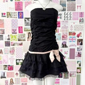90s ruched strapless mini dress black pink bow party